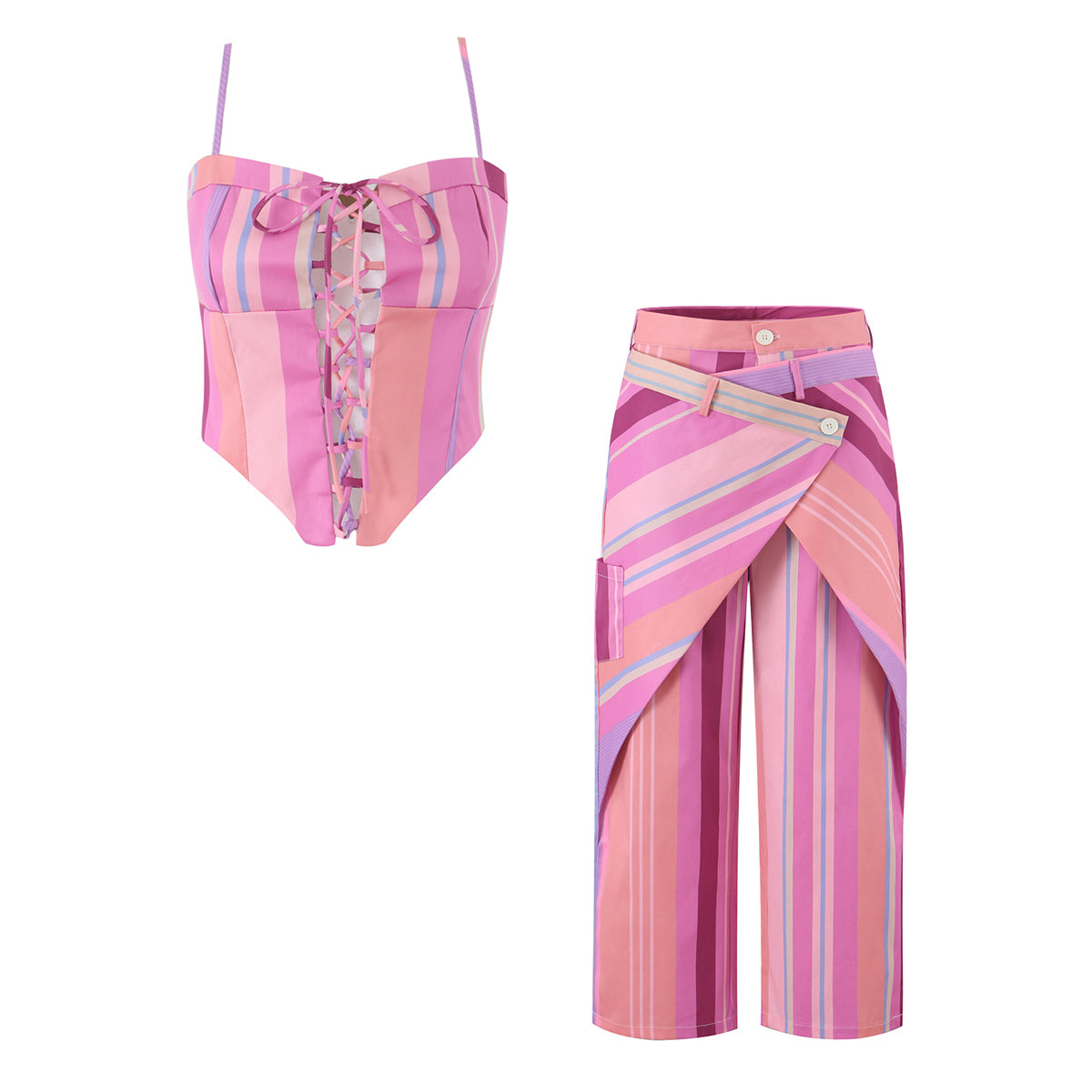 Summer Printed Lace up Striped Wide Leg Pants Two Piece Sets