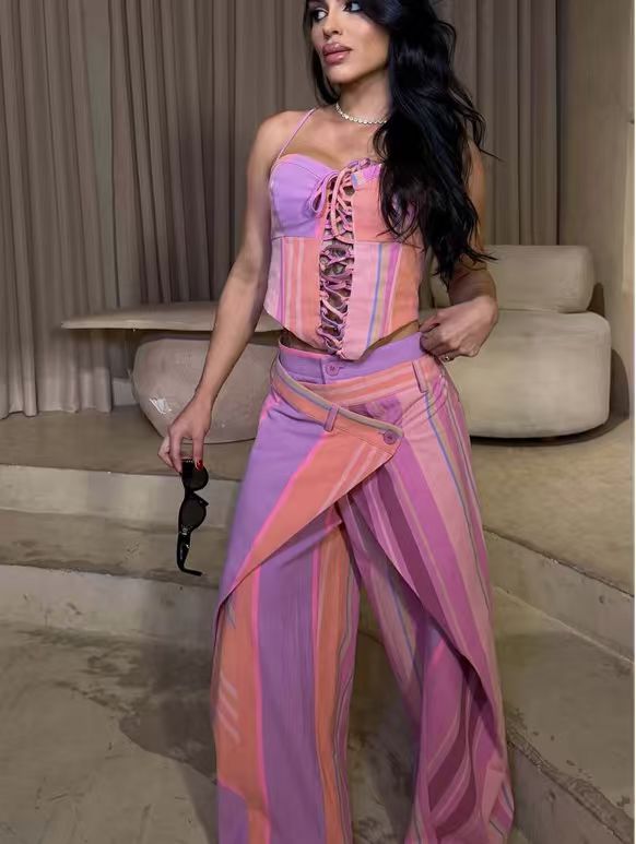 Summer Printed Lace up Striped Wide Leg Pants Two Piece Sets