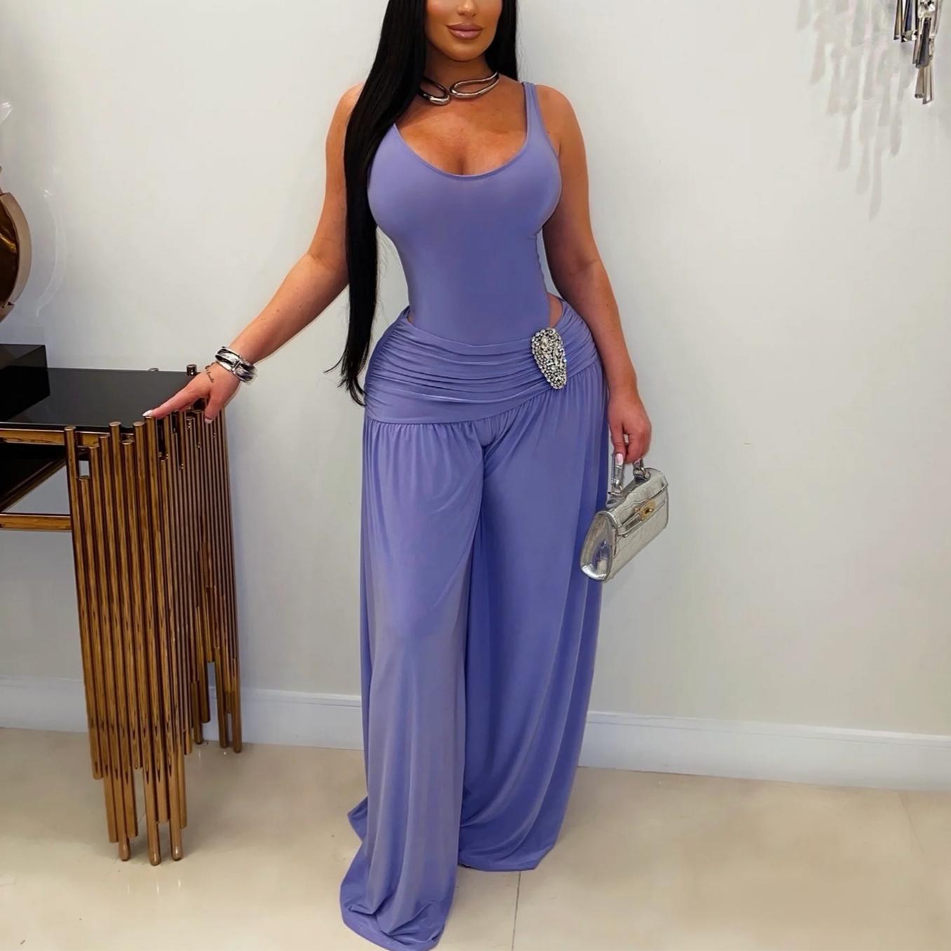 Women Solid Color U Collar High Waist Jumpsuit