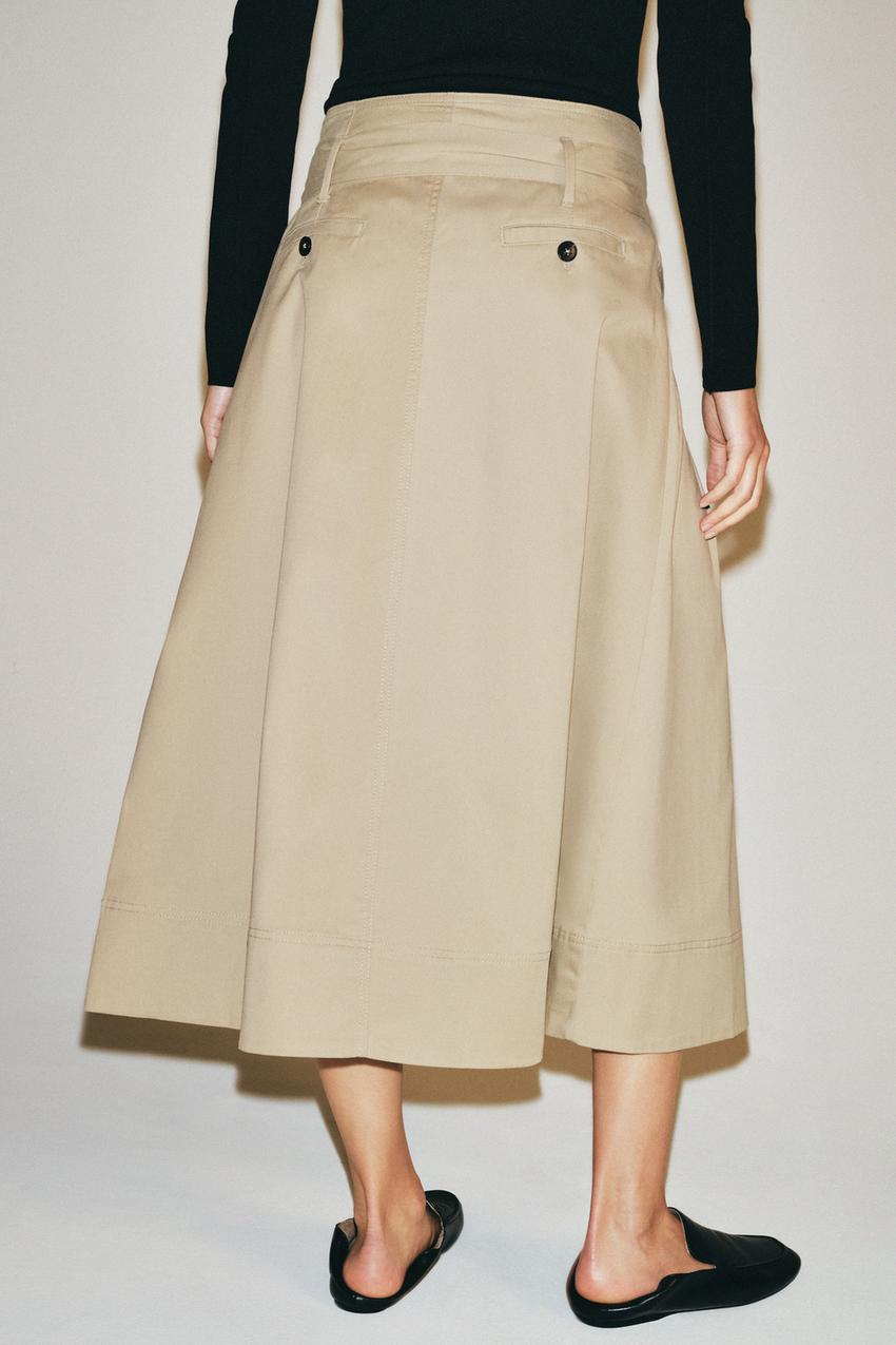 Women Mid Waist Belt Pleated Midi Skirt