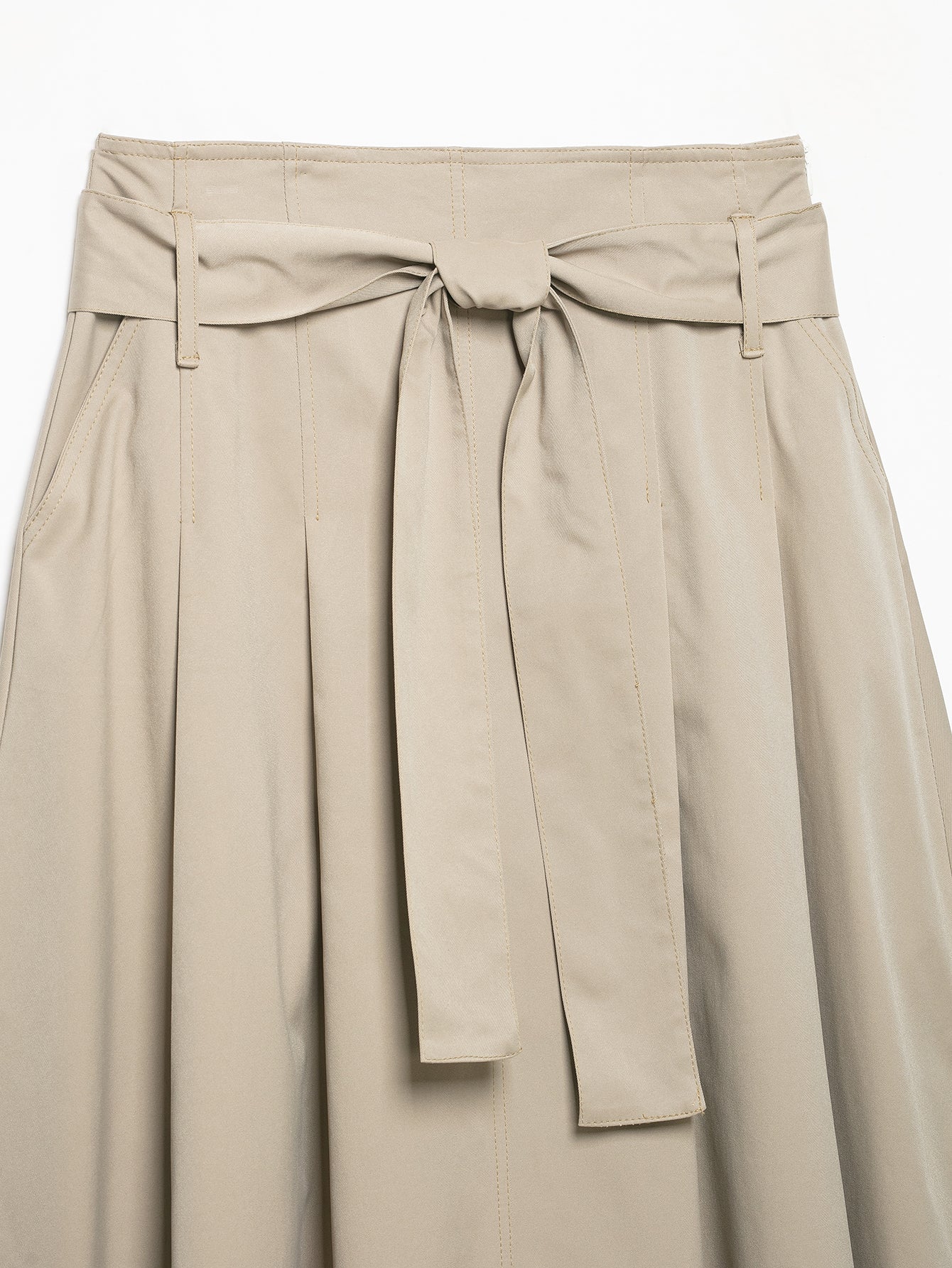 Women Mid Waist Belt Pleated Midi Skirt