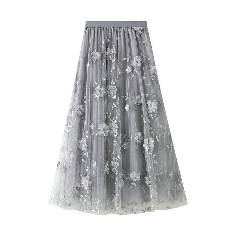 Mesh Embroidery A line Artistic High Waist Long Skirt - Venus Trendy Fashion Online