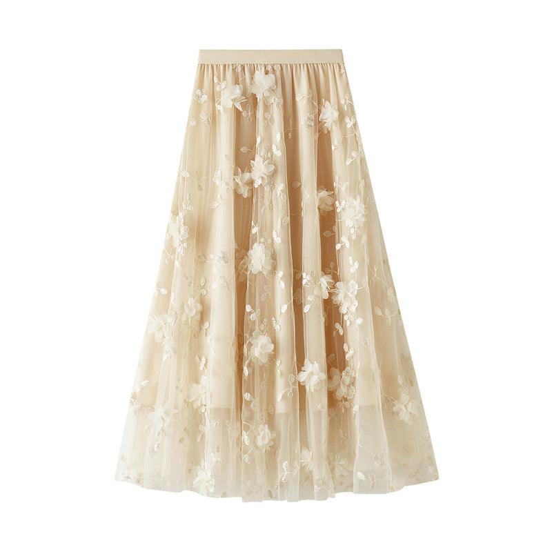 Mesh Embroidery A line Artistic High Waist Long Skirt - Venus Trendy Fashion Online