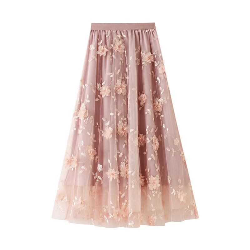 Mesh Embroidery A line Artistic High Waist Long Skirt - Venus Trendy Fashion Online