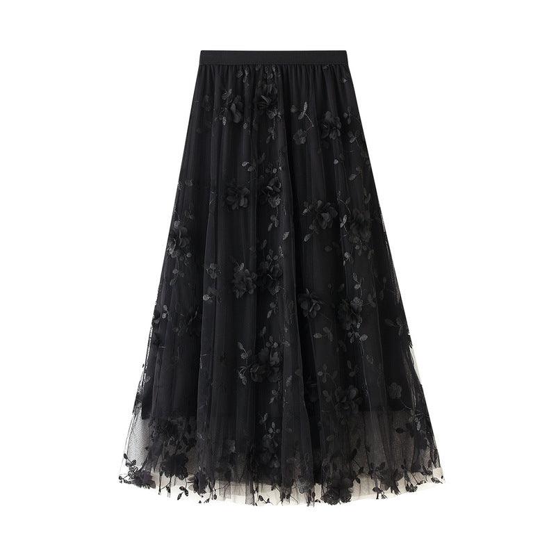 Mesh Embroidery A line Artistic High Waist Long Skirt - Venus Trendy Fashion Online