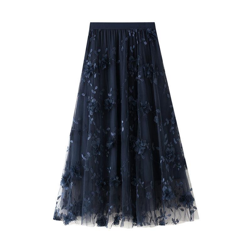 Mesh Embroidery A line Artistic High Waist Long Skirt - Venus Trendy Fashion Online