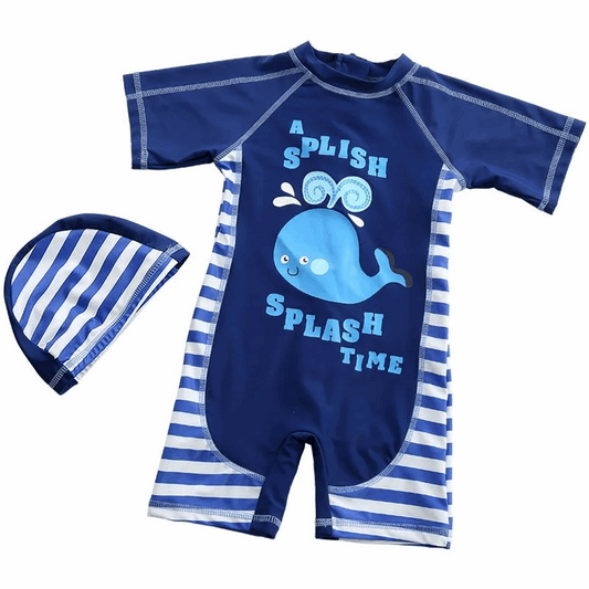 2 Pcs Boys Cute Whale Printed Short Sleeves One-Piece Swimwear And Cap Venus Trendy Fashion Online