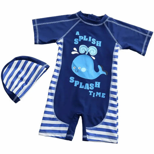 2 Pcs Boys Cute Whale Printed Short Sleeves One-Piece Swimwear And Cap - Venus Trendy Fashion Online