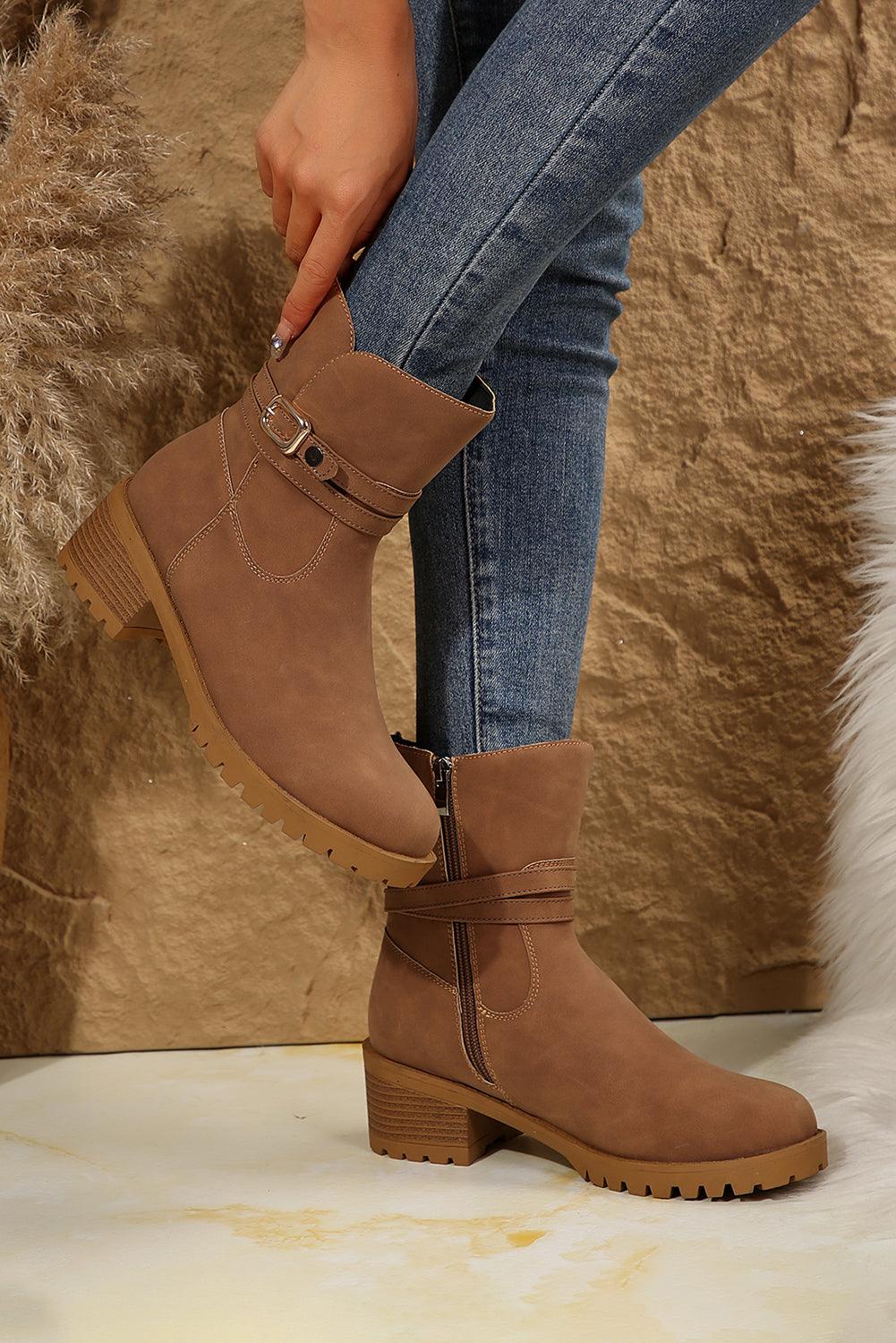 Chestnut Suede Buckle Decor Heeled Ankle Boots - Venus Trendy Fashion Online