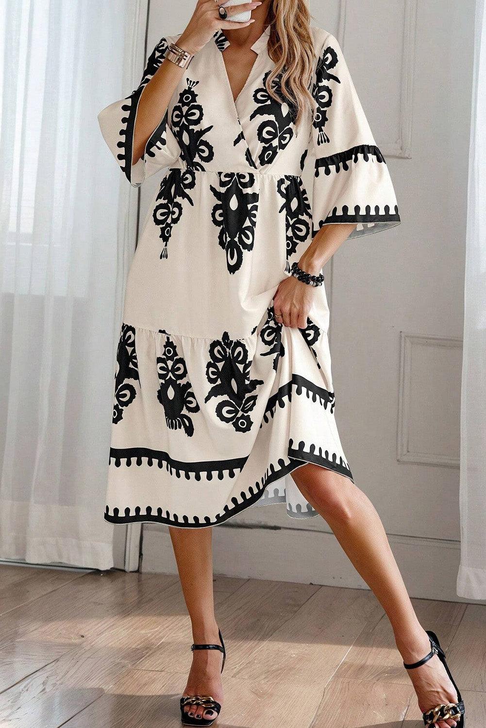 Beige Ethnic Geometric Print 3/4 Sleeve Loose Midi Dress - Venus Trendy Fashion Online