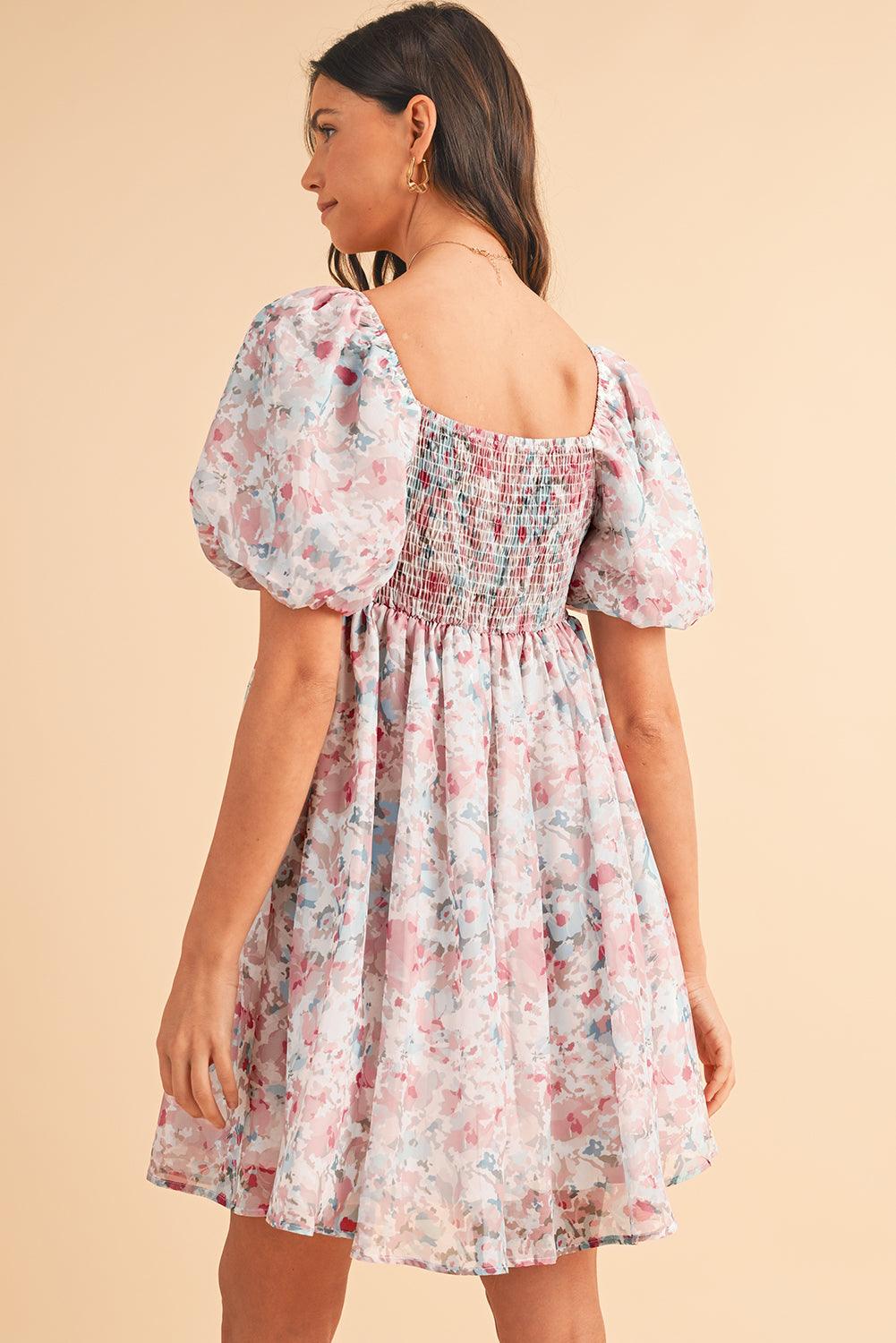 Pink Floral Lantern Sleeve Square Neck Ruffled Mini Dress - Venus Trendy Fashion Online