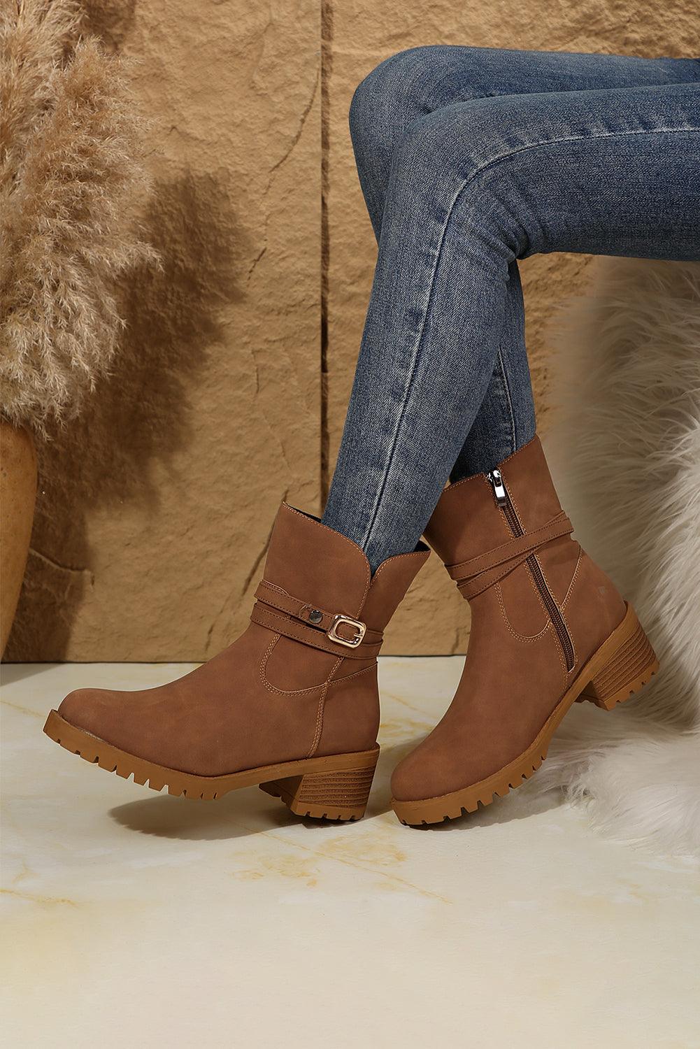 Chestnut Suede Buckle Decor Heeled Ankle Boots - Venus Trendy Fashion Online