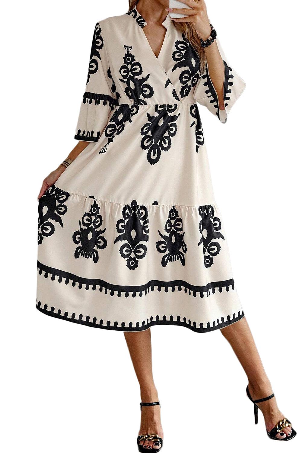 Beige Ethnic Geometric Print 3/4 Sleeve Loose Midi Dress - Venus Trendy Fashion Online