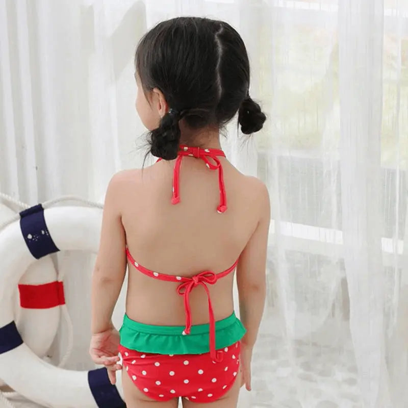 3 Pcs Girl Strawberry Pattern Halterneck Swimsuit And Bathing Cap - Venus Trendy Fashion Online