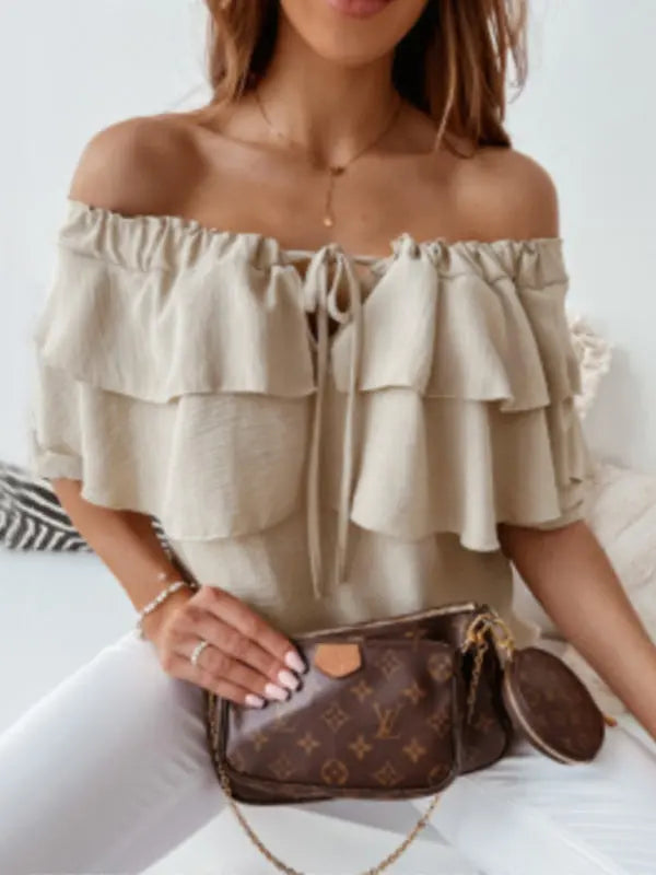 Women's Solid Color 3/4-sleeves Double-ruffled Off-the-shoulder Tie-neck Blouse - Venus Trendy Fashion Online