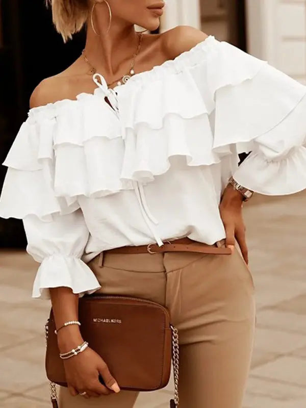 Women's Solid Color 3/4-sleeves Double-ruffled Off-the-shoulder Tie-neck Blouse - Venus Trendy Fashion Online