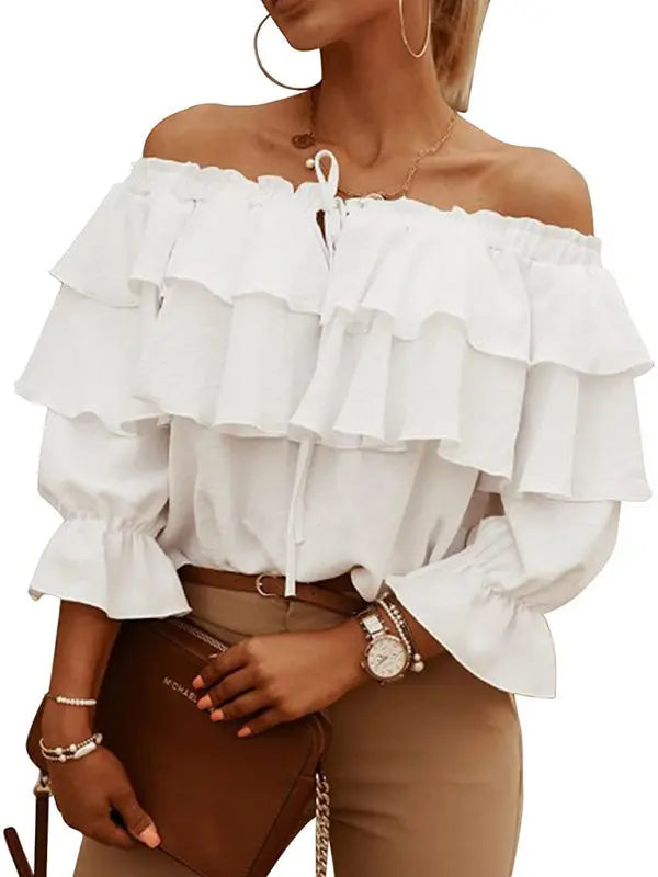 Women's Solid Color 3/4-sleeves Double-ruffled Off-the-shoulder Tie-neck Blouse - Venus Trendy Fashion Online