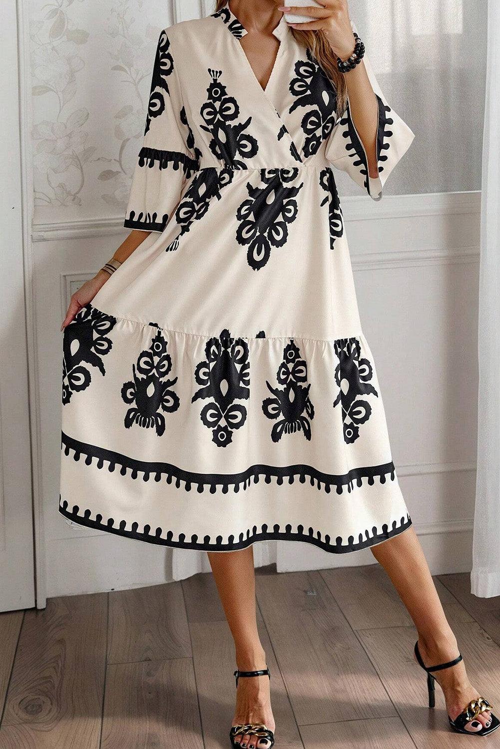 Beige Ethnic Geometric Print 3/4 Sleeve Loose Midi Dress - Venus Trendy Fashion Online