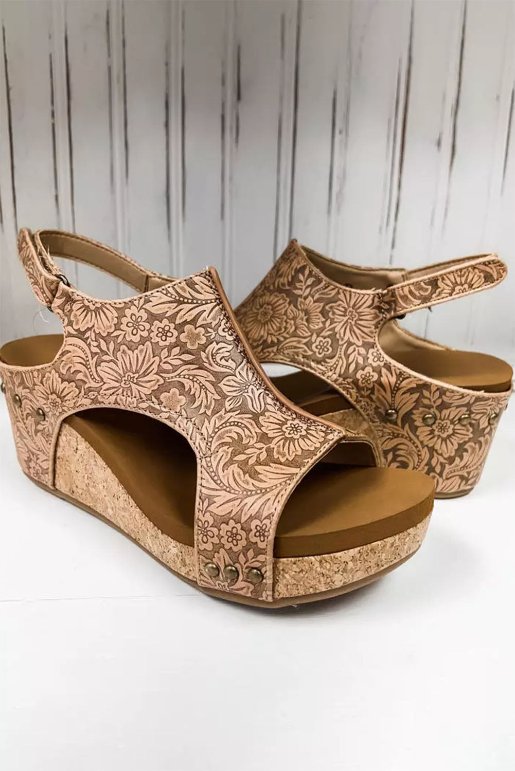 Brown Vintage Floral Leather Rivet Hollowed Platform Sandals - Venus Trendy Fashion Online