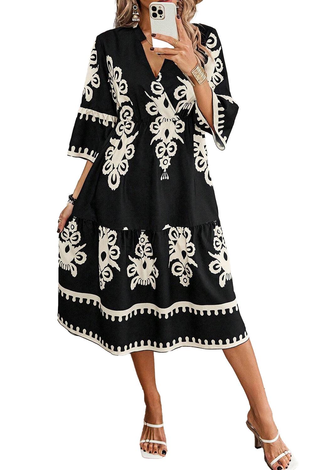 Beige Ethnic Geometric Print 3/4 Sleeve Loose Midi Dress - Venus Trendy Fashion Online