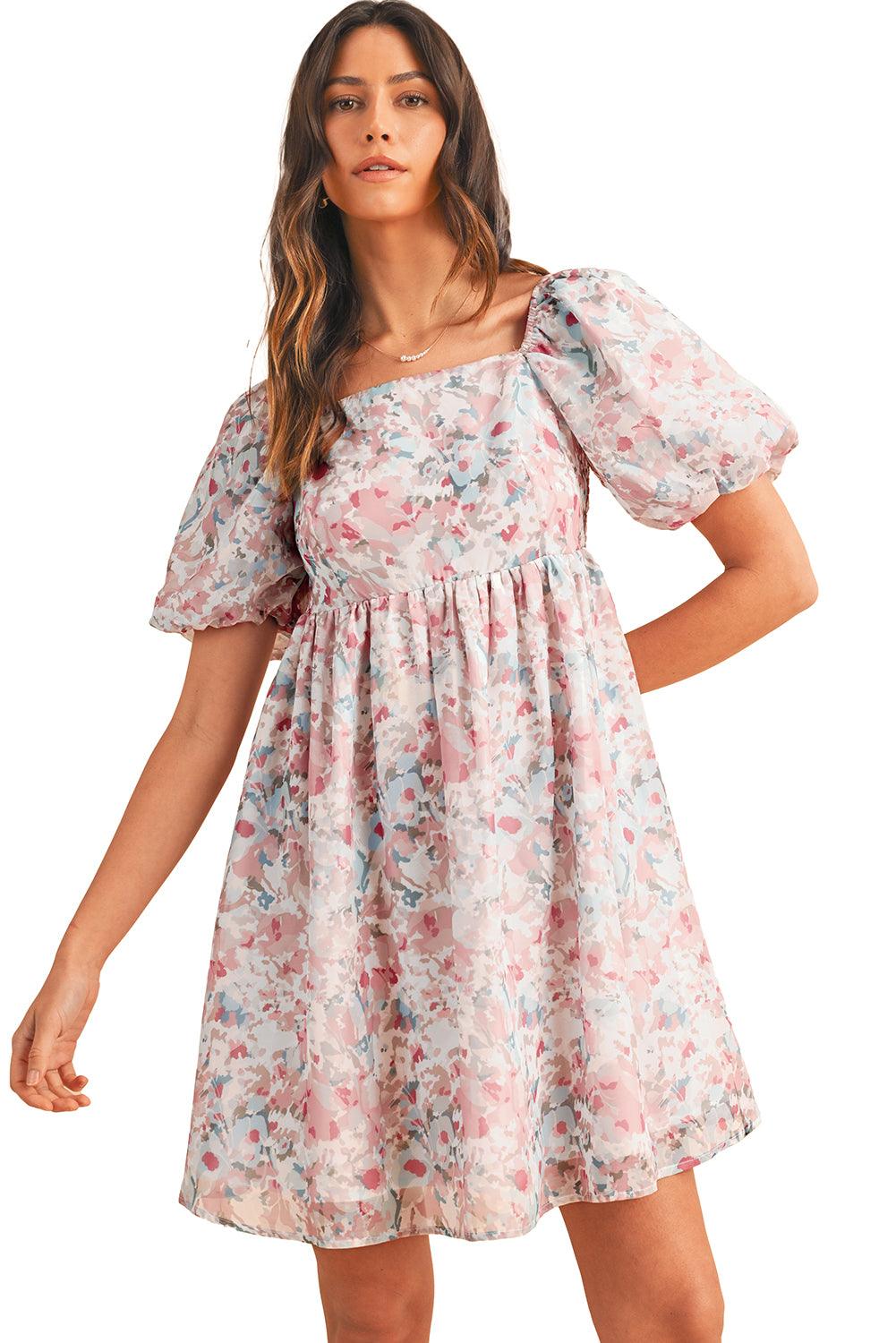 Pink Floral Lantern Sleeve Square Neck Ruffled Mini Dress - Venus Trendy Fashion Online