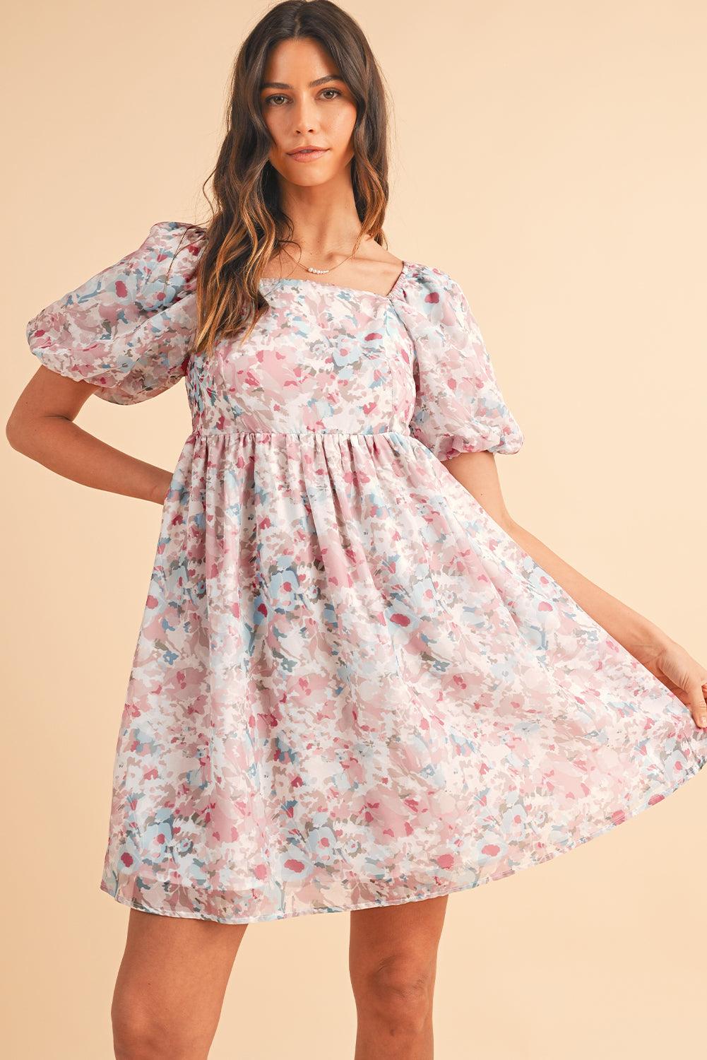 Pink Floral Lantern Sleeve Square Neck Ruffled Mini Dress - Venus Trendy Fashion Online