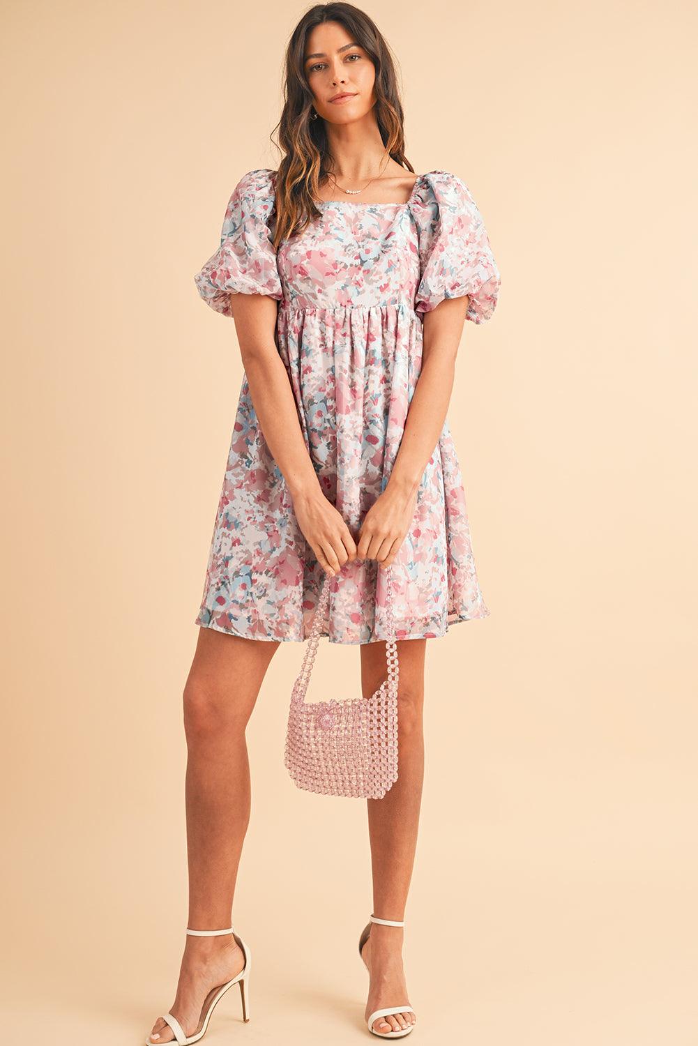 Pink Floral Lantern Sleeve Square Neck Ruffled Mini Dress - Venus Trendy Fashion Online