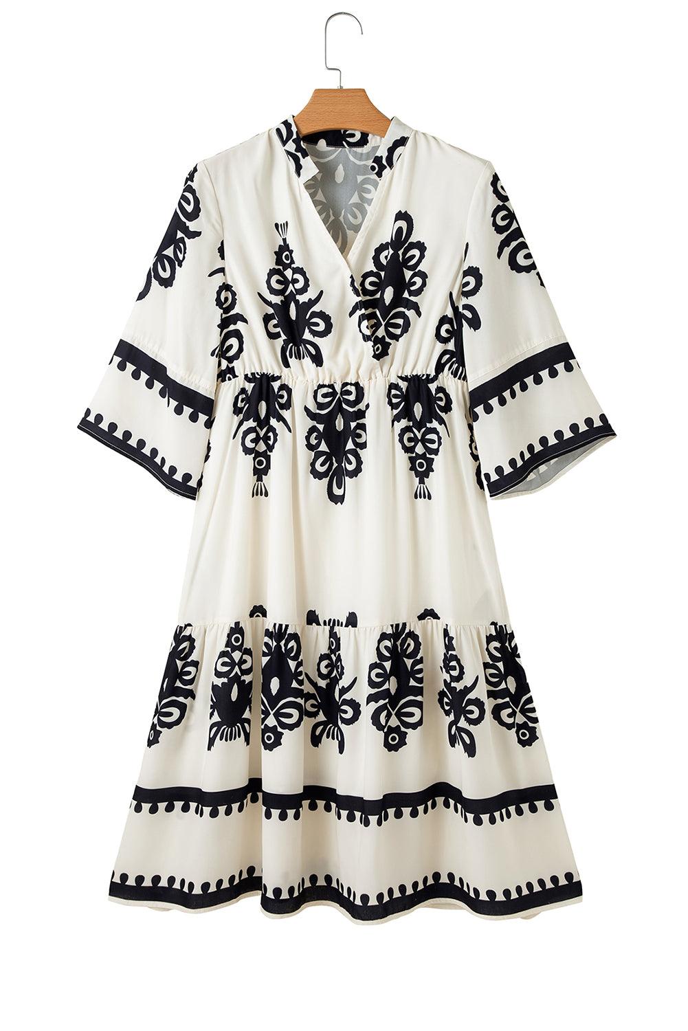 Beige Ethnic Geometric Print 3/4 Sleeve Loose Midi Dress - Venus Trendy Fashion Online