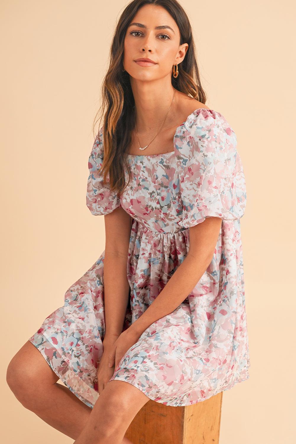 Pink Floral Lantern Sleeve Square Neck Ruffled Mini Dress - Venus Trendy Fashion Online