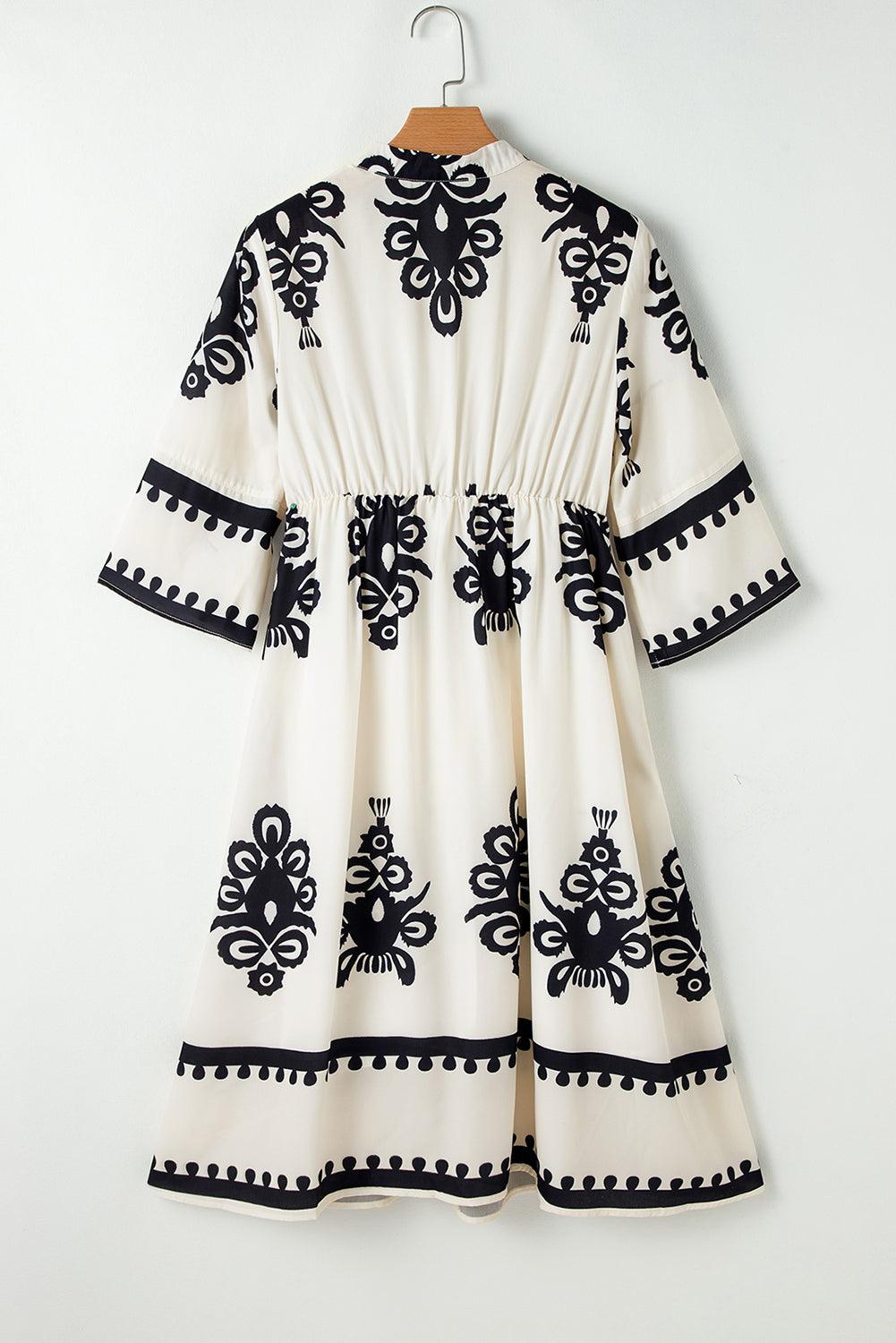 Beige Ethnic Geometric Print 3/4 Sleeve Loose Midi Dress - Venus Trendy Fashion Online