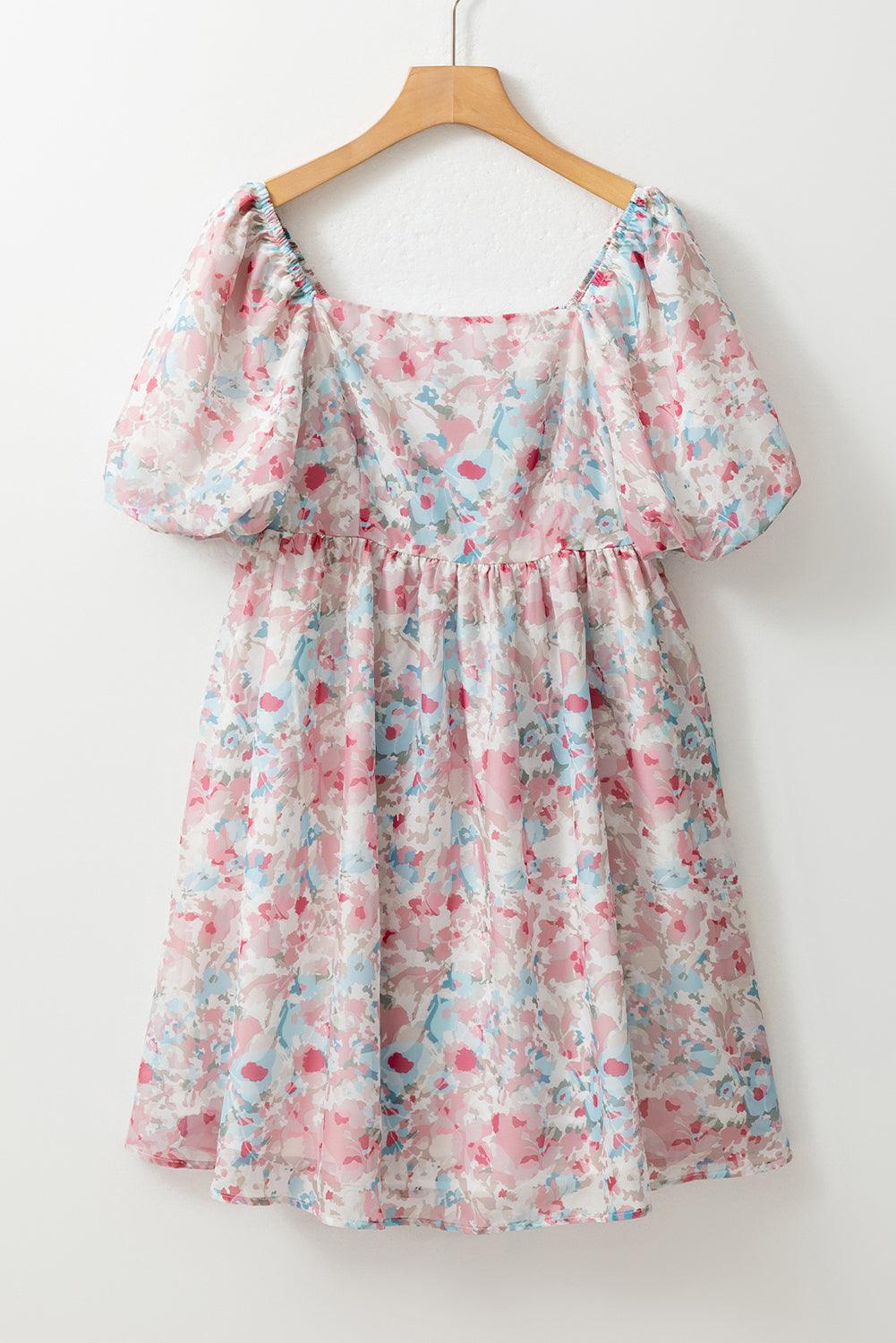 Pink Floral Lantern Sleeve Square Neck Ruffled Mini Dress - Venus Trendy Fashion Online