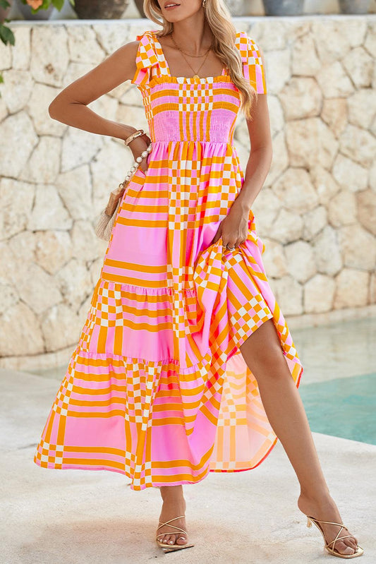 Pink Tie Strap Plaid & Striped Smocked Maxi Dress - Venus Trendy Fashion Online