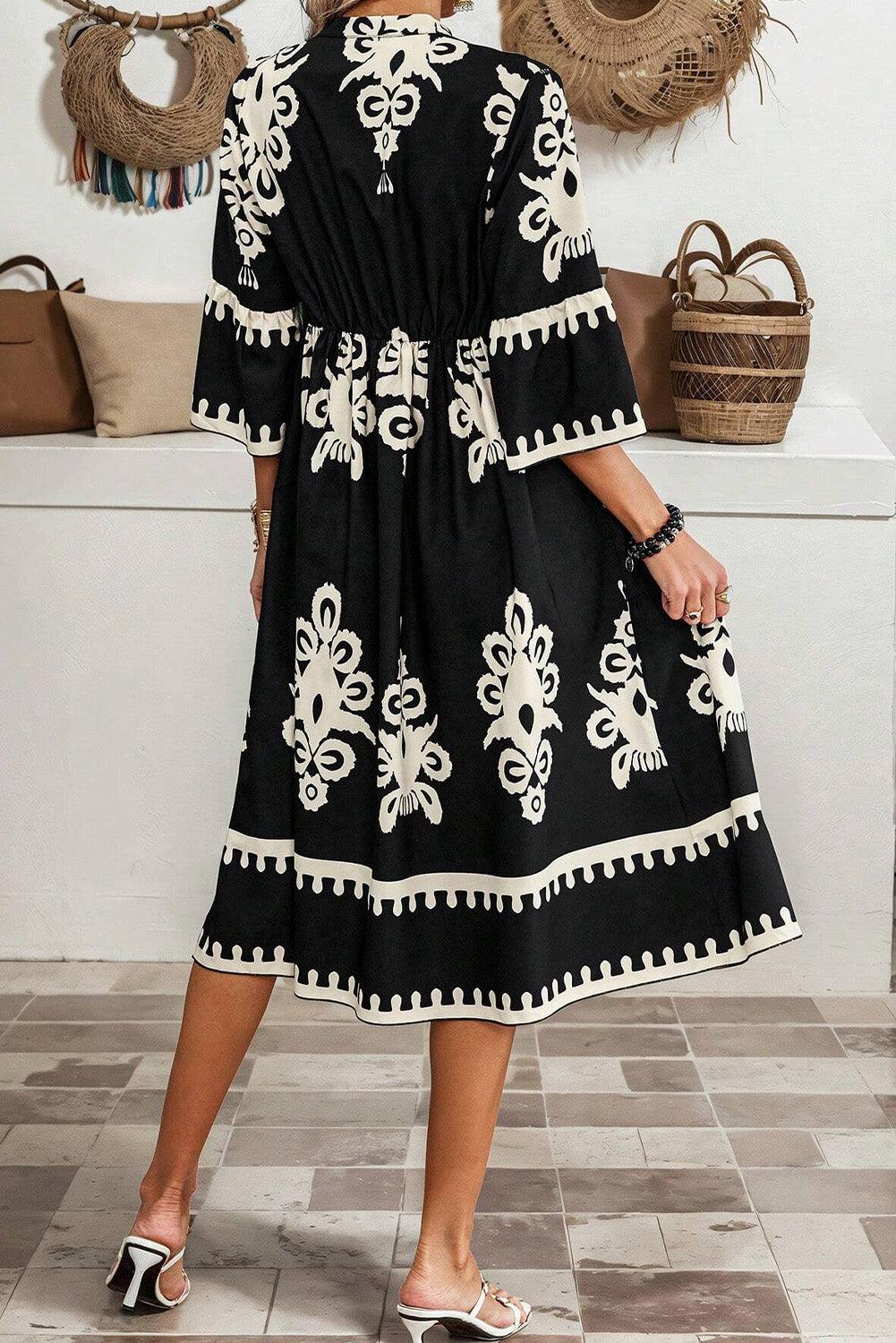 Beige Ethnic Geometric Print 3/4 Sleeve Loose Midi Dress - Venus Trendy Fashion Online