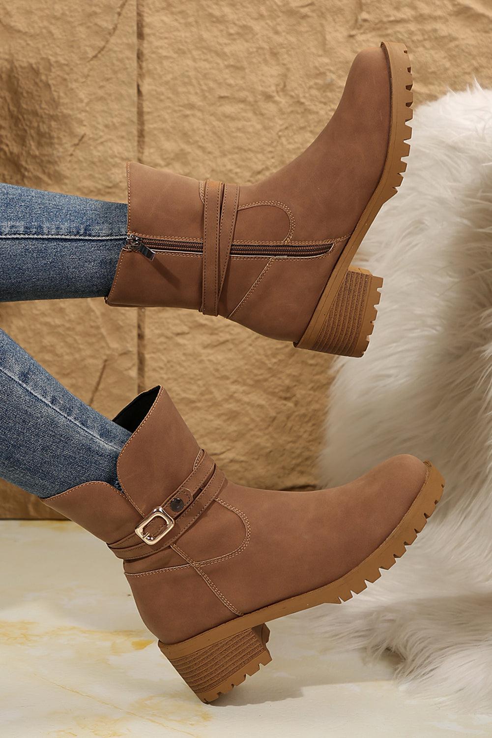 Chestnut Suede Buckle Decor Heeled Ankle Boots - Venus Trendy Fashion Online