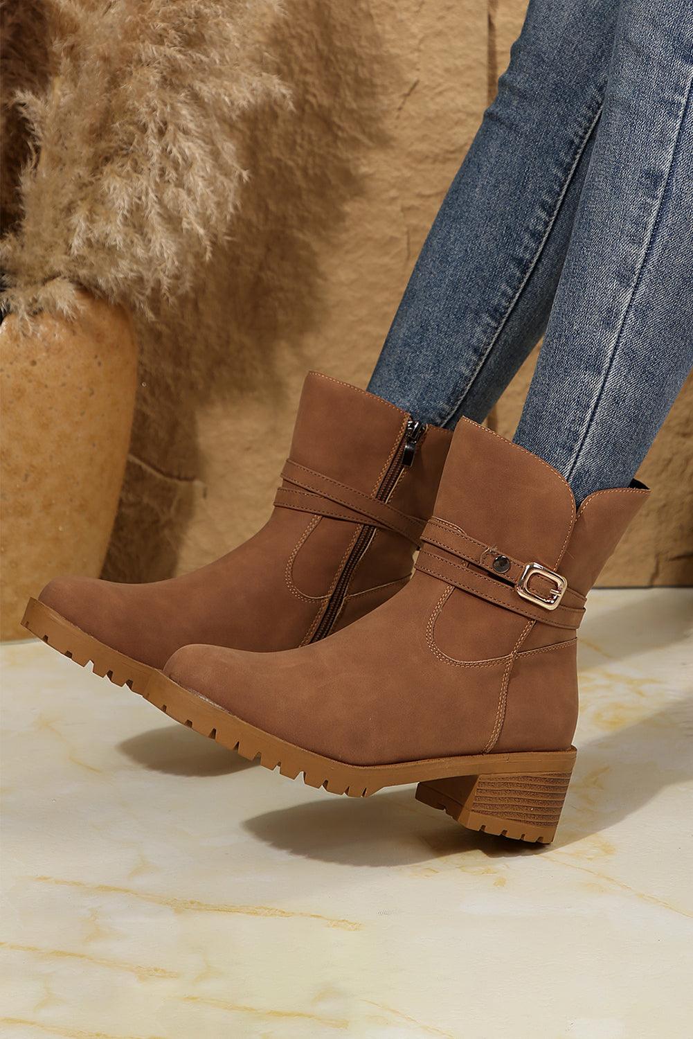 Chestnut Suede Buckle Decor Heeled Ankle Boots - Venus Trendy Fashion Online