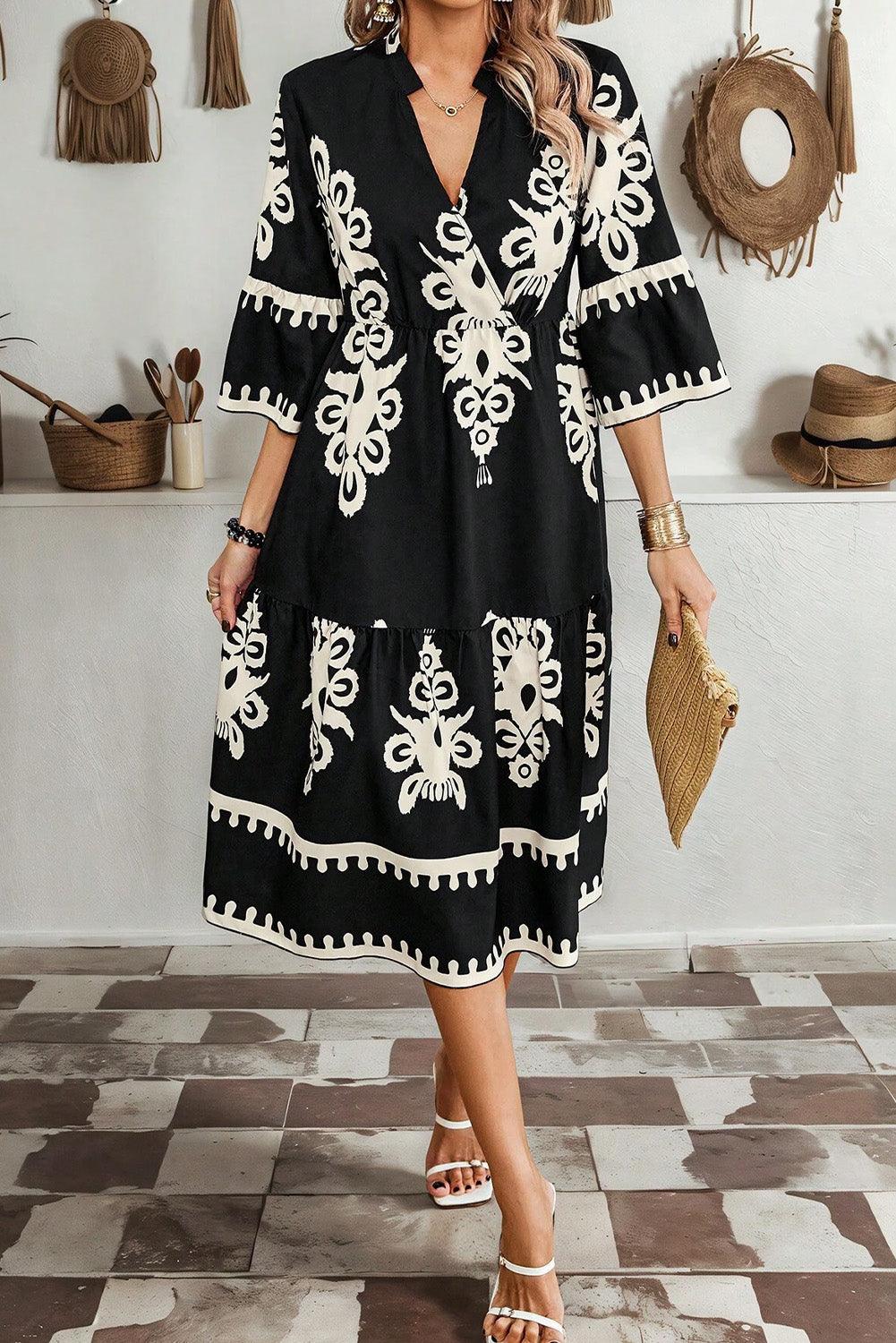 Beige Ethnic Geometric Print 3/4 Sleeve Loose Midi Dress - Venus Trendy Fashion Online