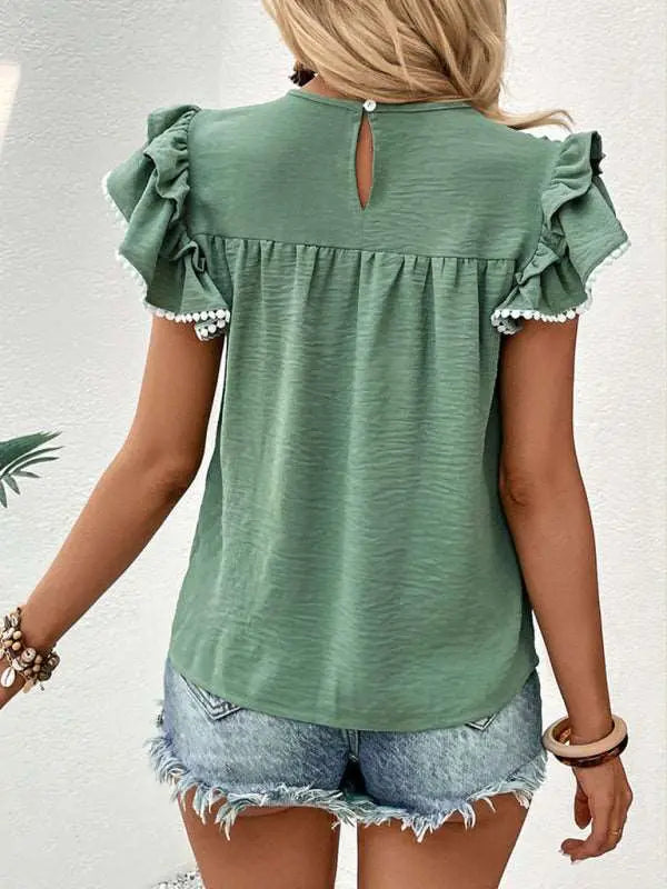 Accordion Chest Ruffle Lace Panel Ladies Blouse - Venus Trendy Fashion Online