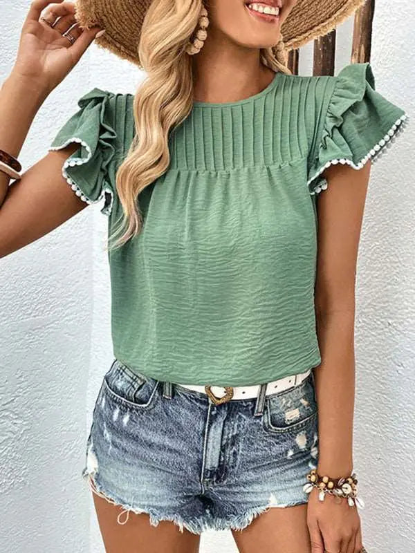 Accordion Chest Ruffle Lace Panel Ladies Blouse - Venus Trendy Fashion Online