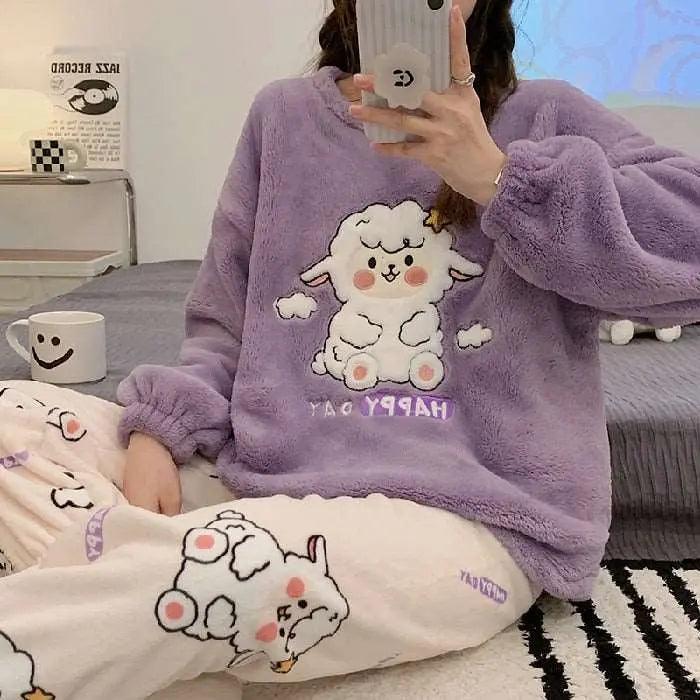 Autumn Winter New Warm Flannel Women Pajamas Set - Venus Trendy Fashion Online