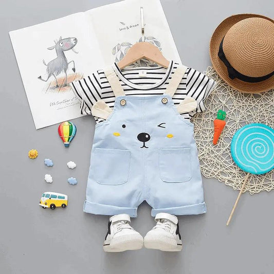 Baby Cute Round Neck Short Sleeve Stripe T-Shirt And Cartoon Pattern Suspender Trousers Set - Venus Trendy Fashion Online