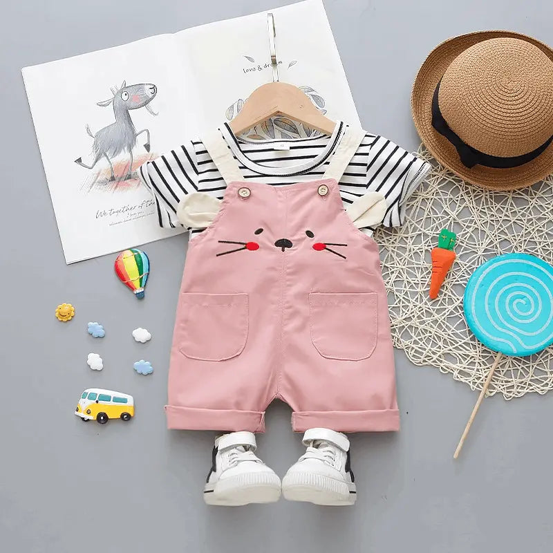 Baby Cute Round Neck Short Sleeve Stripe T-Shirt And Cartoon Pattern Suspender Trousers Set - Venus Trendy Fashion Online