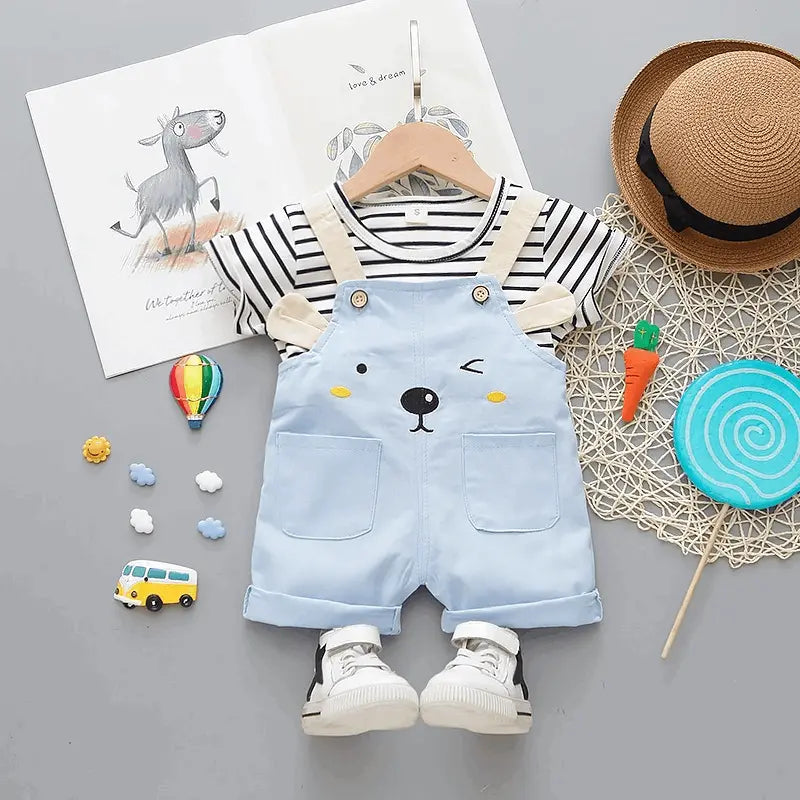 Baby Cute Round Neck Short Sleeve Stripe T-Shirt And Cartoon Pattern Suspender Trousers Set - Venus Trendy Fashion Online