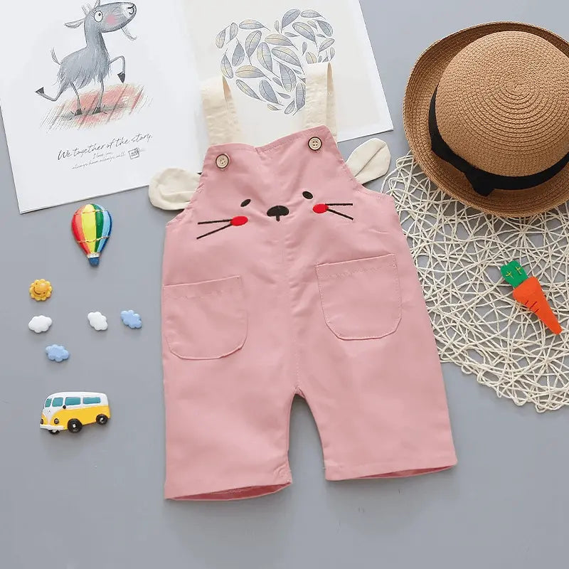 Baby Cute Round Neck Short Sleeve Stripe T-Shirt And Cartoon Pattern Suspender Trousers Set - Venus Trendy Fashion Online