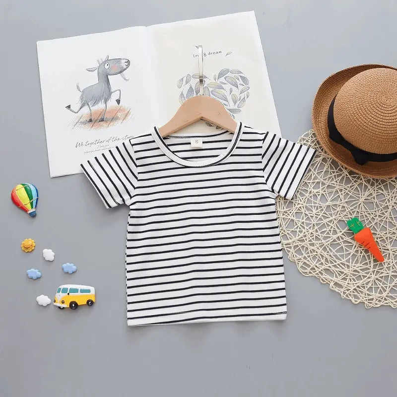 Baby Cute Round Neck Short Sleeve Stripe T-Shirt And Cartoon Pattern Suspender Trousers Set - Venus Trendy Fashion Online