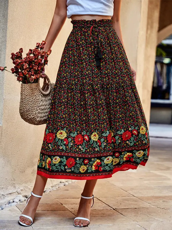 Bohemian Print Resort Swing Elastic Waist Skirt - Venus Trendy Fashion Online
