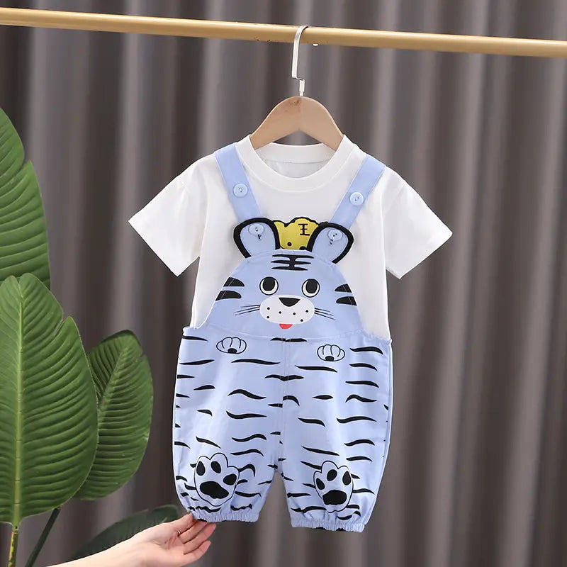 Boys Cute Cartoon Animal Tiger Pattern Round Neck Short Sleeve T-Shirt And Suspender Trousers Set - Venus Trendy Fashion Online