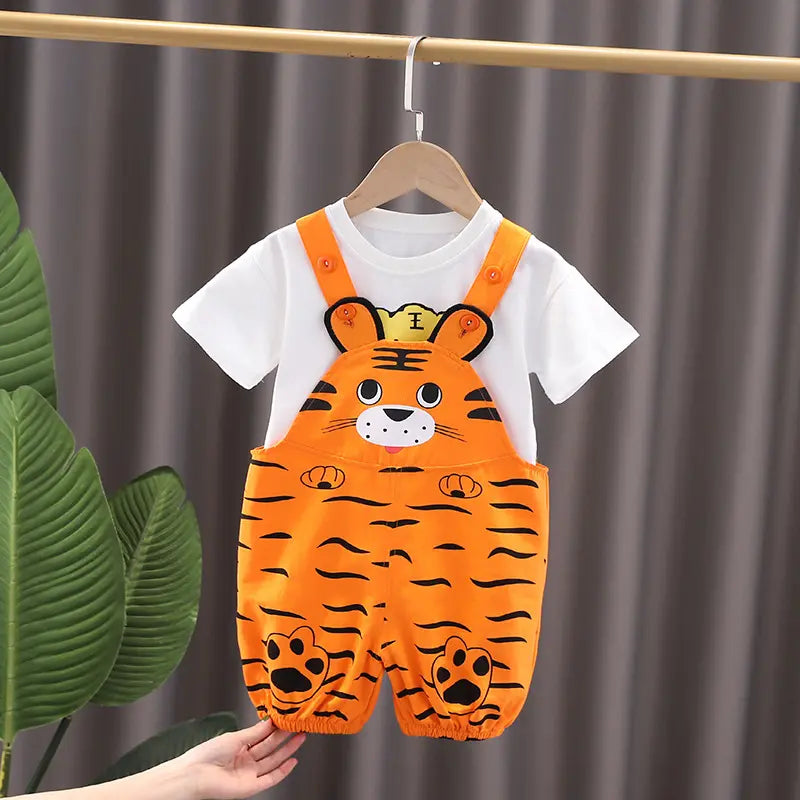 Boys Cute Cartoon Animal Tiger Pattern Round Neck Short Sleeve T-Shirt And Suspender Trousers Set - Venus Trendy Fashion Online