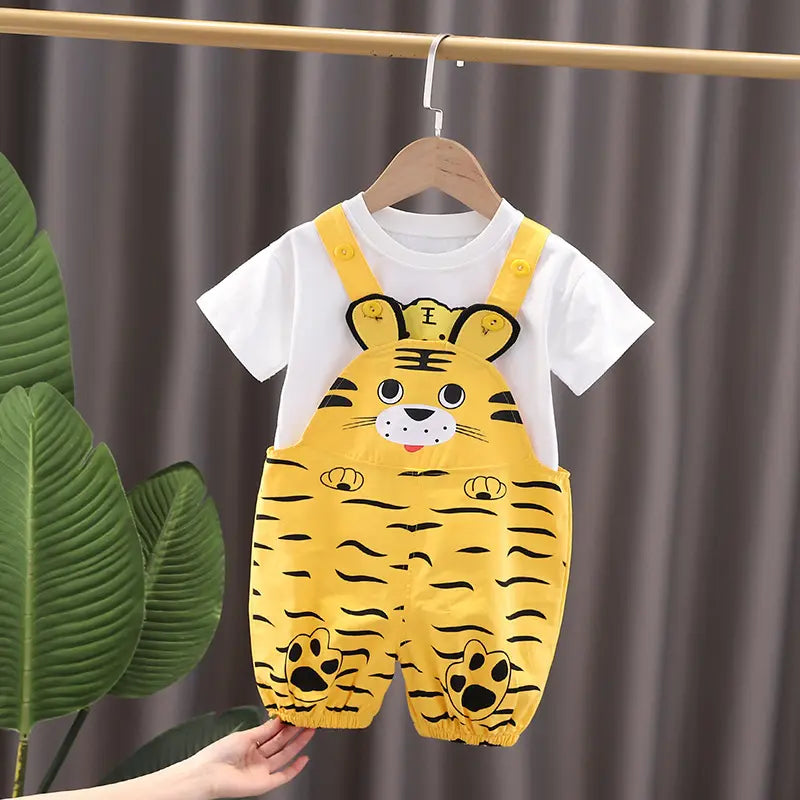 Boys Cute Cartoon Animal Tiger Pattern Round Neck Short Sleeve T-Shirt And Suspender Trousers Set - Venus Trendy Fashion Online