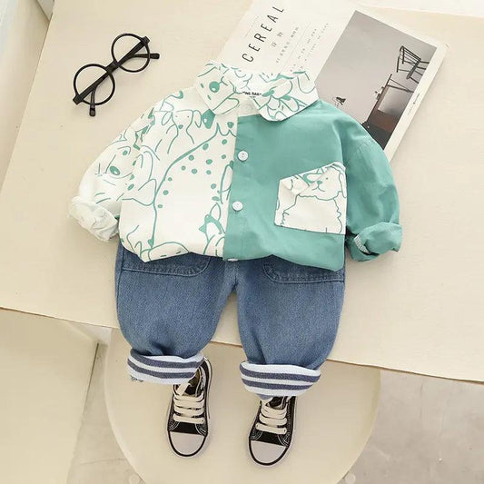 Boys Long Sleeve Puppy Print Color Matching Shirt And Pants 2pcs Set - Venus Trendy Fashion Online