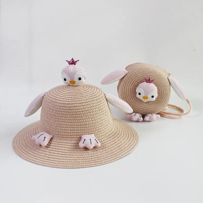 Children Kids Baby Fashion Girls Cartoon Penguin Woven Straw Shoulder Bag And Hat - Venus Trendy Fashion Online